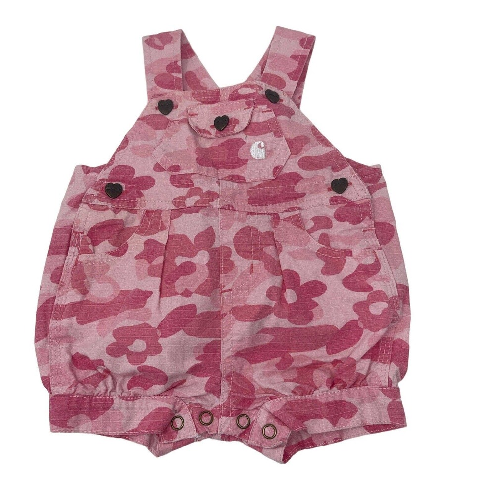 Carhartt Pink Camo Short Bib Denim Overalls Bubble Romper Baby Girls 9M